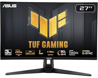 ASUS TUF Gaming Monitor da 27 1440P (VG27AQM1A) - QHD (2560 x 1440), 260Hz, 1ms, Fast IPS, Extreme Low Motion Blur Sync, Freesync Premium, compatibile G-SYNC, DisplayHDR400, garanzia 3 anni