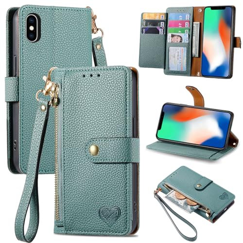 VEEMOS Zipper Wallet Case for Apple iPhone X/iPhone Xs Phone Case with Purse Card Holders RFID Blocking Leather Flip Case Book Cover Wrist Strap Women - Green