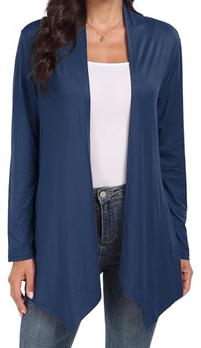 QIXING Leichte Strickjacke Damen Lang Dünne Jacke Damen Elegant Cardigan mit Taschen mit Weich Drapierten Rüschen (Marineblau, L)