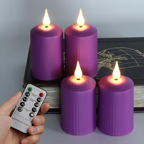 FREEPOWER 4 Purple LED Candles Flickering with Remote Control and Timer - Battery Operated Flameless Pillar Candles Warm White - Advent Decoration, 350+ Hours, Diameter 5x10.5cm