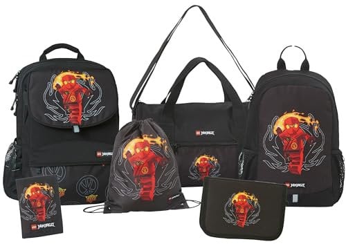 SKANDO BAGS Lego Ninjago Schulranzen Set Jungen & Mädchen ab 1. Klasse - 6-Teilig - Schulrucksack, Federmappe (Gefüllt), Turnbeutel, Kleinerer Rucksack, Geldbörse und Sporttasche, Rot