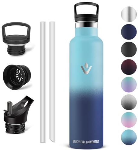 Vikaster Bouteille d'eau isotherme - Thermos 1l, Gourde Avec Paille, Gourdes Sans BPA, Gourde Enfant & Adulte pour Sport, école, Bureau, Gym, Voyage, Bleu Clair - Bleu Foncé