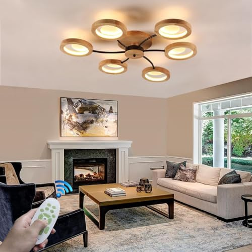 RuiRfh Deckenlampe LED Retro Holzring Metall Deckenleuchte Mid-Century Wohnzimmer Große Beleuchtung Dimmbare Deckenlicht mit Fernbedienung Geeignet für Schlafzimmer Büro Küche Kinderzimmer Flur Balkon