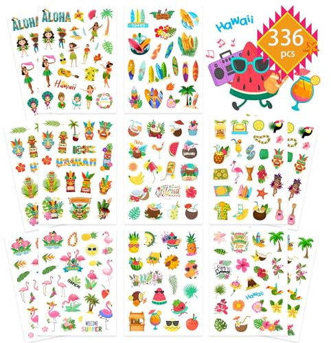 Sommer Aufkleber, Fyvadio Sommer Pool Strand Klebeaufkleber, 336PCS Hawaii Aufkleber für Mädchen Jungen Geburtstag Einladungen Umschläge Dekorationen Party Goodie Geschenke Taschen Dekor Schule Spiel