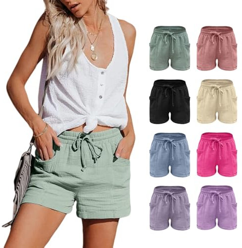 MJIQING Damen Shorts Sommer Musselin Hose Lässige mit hoher Taille Gerades Bein Sport Lässige Lockere Shorts mit Kordelzug Kurze Hose mit Taschen Gummiband Elastische Stoffhose(#03-Green 4XL)
