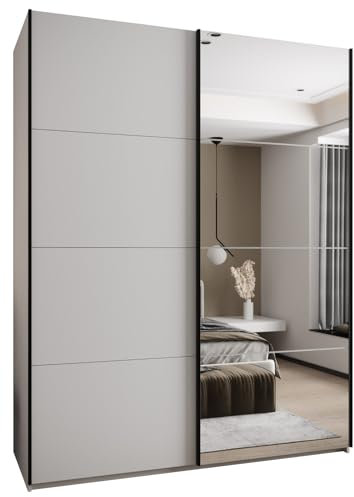 MEBLE KRYSPOL LUX 3 Eleganter 2-türiger Schwebetürenschrank mit Spiegel an der Tür - Leise schließend - HETTICH Topline L System - 245,5x200x64cm - Weiß, Weiß, Schwarz