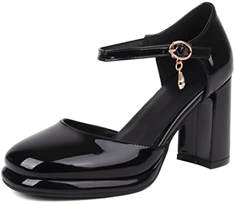 Gicoiz Vernice Sandali Donna Chunky Tacco Alto Scarpe Chiuse Davanti Scarpe Comodo con Cinturino Alla Caviglia Punta Rotonda Serata Formal Plateau Bridal Vestito Nero Numero 36 EU