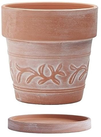 WAVY STUDIO Pot de fleurs en terre cuite gaufrée blanchie à la chaux avec trou de drainage et soucoupe de style rustique non émaillé pour plantes d'intérieur et d'extérieur 25,4 cm