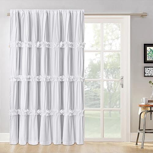 Homechoice Decor Room Divider Curtains, Boho Ruched Blackout Window Treatments with 3 Rows of Butterfly Flowers, Rustic Rod Pocket Sliding Door Curtains, 100 W x 84 L, White (LQ-30)