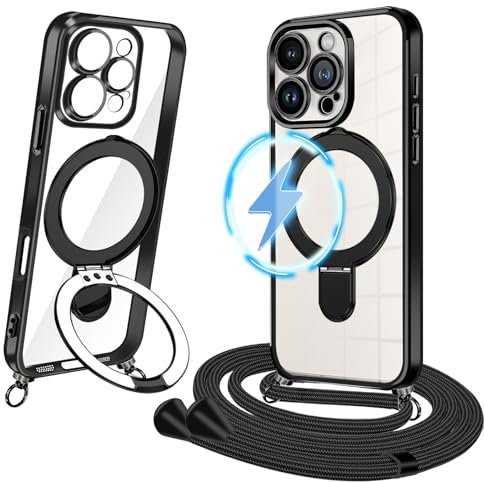 XCYYOO Handykette für iPhone 16 Pro Max Hülle mit Band [Kompatibel mit MagSafe] Handyhülle iPhone 16 Pro Max mit Kette Silikon Transparent Schutzhülle zum Umhängen mit Ständer