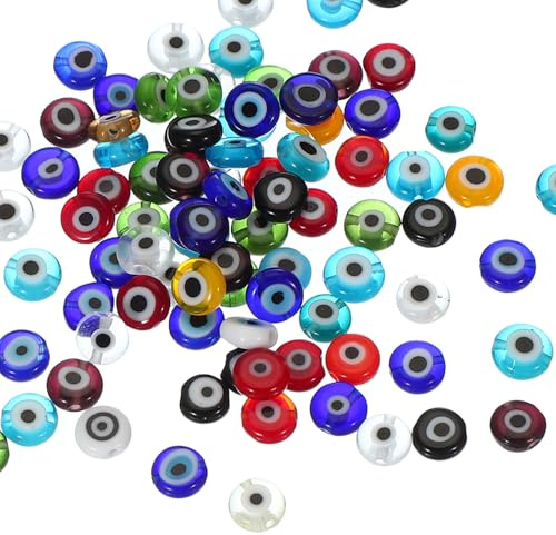 PATIKIL 8mm Flat Evil Eye Beads, 100 Pcs Turkish Evil Eye Charm Round Shape Spacer Beads Pendant Connector for DIY Art Craft Bracelet Necklace Earrings Making, Multicolored