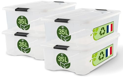 Iris Ohyama Aufbewahrungsboxen mit Deckel, 32L, 4er-Set, Transparent, Sicherer Verschluss, Stapelbar, Griffe, Schlafzimmer, Schrank, Büro, Organisation, BPA-freies Plastik, Ordnungsboxen, BSB-35