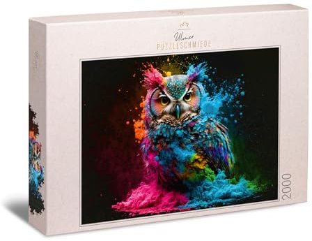 Ulmer Puzzleschmiede - Puzzle Bunter Nachtvogel - Eule als 2000-Teile Puzzle - Motiv aus der Kollektion Farben & Fantasy