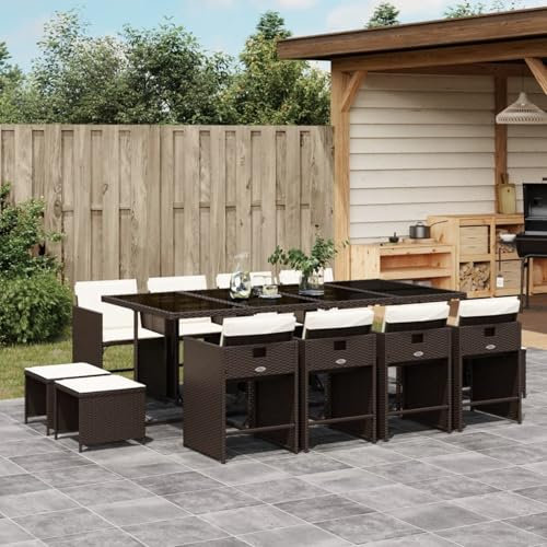 Gecheer Gartenset, Essgruppe mit Kissen, 13-TLG., Poly Rattan, Tisch und Stühle für Garten und Terrasse