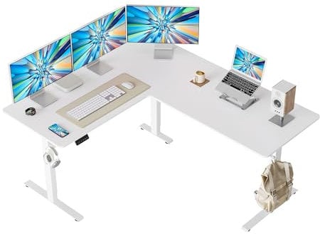 FEZIBO L Shaped Electric Standing Desk, 160 * 120 cm Adjustable Height Stand Up Table with Single Motor, for Home Office with White Top
