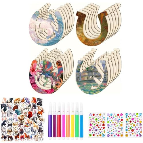 Altaroo 24 Hufeisen Holz Set mit Pferde Aufklebern, Malstiften, Strasssteinen zum Bemalen - Kindergeburtstag, Hochzeit Deko