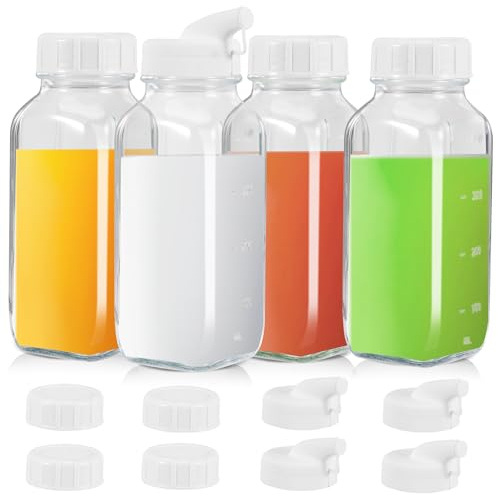 OUZHOU 4 Set Glasflaschen 500ml, Milchflaschen mit Deckel Smoothie Flasche, Milchbehälter mit Kapazitätszeichen Wiederverwendbar Glaswasserflasche, Glasflaschen zum Befüllen