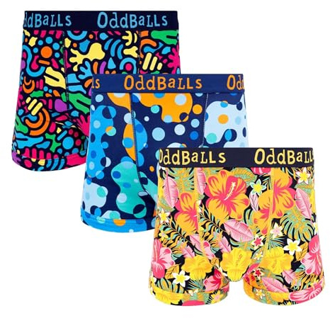 OddBalls Mens Boxers Multipack – 3 Classic Fit Cotton Boxer Shorts, Underwear with Elastic Waistband – Breathable, Soft Mens Boxer Briefs (UK, Alpha, XXS, Regular, Regular, Wild Things)
