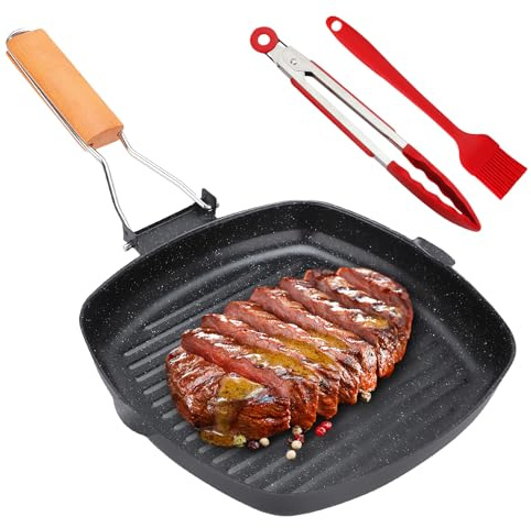WIYETY 20CM Grillpfanne Induktion: Aluminiumlegierung Grillpfanne mit 2 Rille, Antihaftbeschichtung Steakpfanne mit Essensclip, AntihaftGrillpfanne, für Küche und Backen Alle Herd Arten