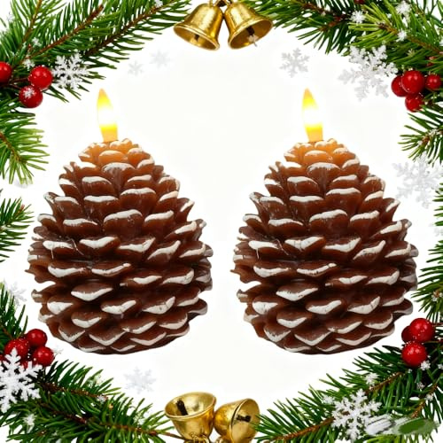 HGZHNAT 2 Stück Flammenlose Tannenzapfenkerzen Led Kerzen, Flammenlose Tannenzapfen Kerzen, Weihnachtskerzen, Tannenzapfen Kerze Beleuchtet Kerze Mit Timer Funktion, Flammenlos, Weihnachten