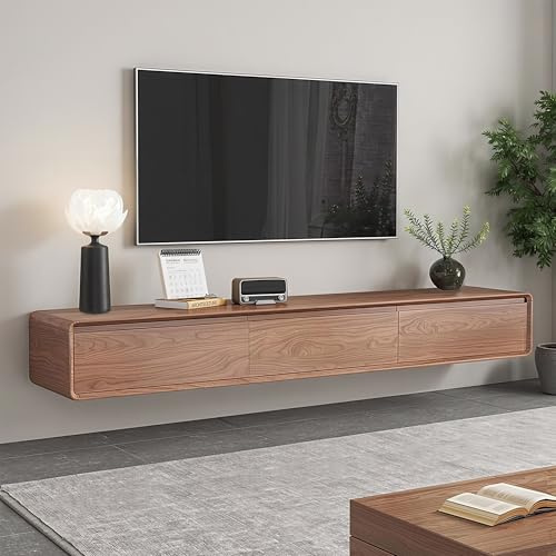 Mid-Century Modern Walnut TV Unit Floating Wall Mounted Media Cabinet 200cm | Wall Mounted Design; Floating TV Unit; Solid Wood Construction; Three Storage Drawers; Cable Management; Space Saving Design