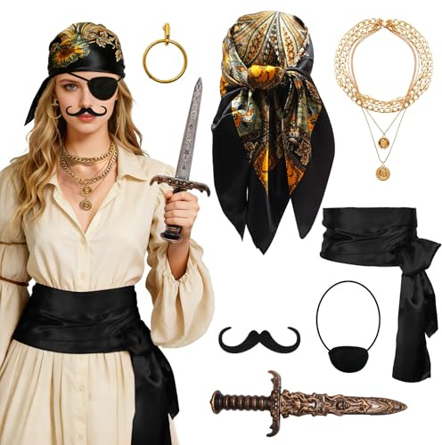 JJKOL 7 Stück Piratenkostüm Damen Zubehör, Piraten Kostüm Frauen mit Piraten Kopftuch, Piratenschmuck, Dolch und Gürtel,Karneval Pirate Accessories, PiratenZubehör Damen für Fasching Cosplay, Schwarze