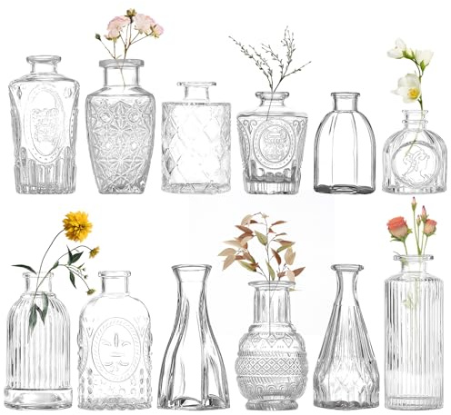 Mapille 12 Stück Mini Glas Vasen für Tischdeko, Vintage Glas Budenvasen-Set, Mini-Klare Budenvase, Ideal für Hochzeiten, Partys, Geburtstage und Tischdekoration