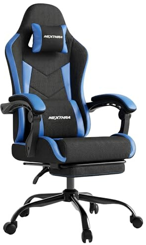 Nexthra Gaming Chair with Footrest Lumbar, Ergonomic Leather Mesh Reclining Chair 220lbs with Headrest for Office and Long Gaming Sessions,Blue