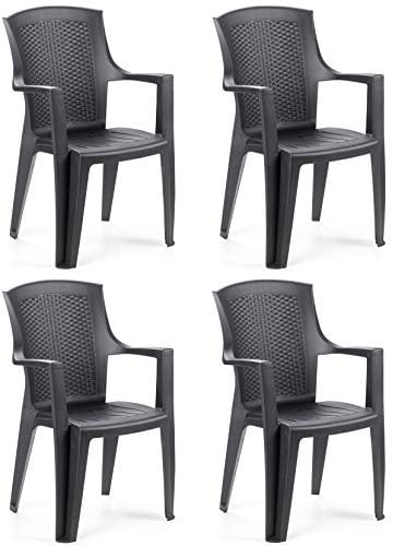 SF SAVINO FILIPPO 4 pz Poltrona sedia eden in dura resina finto rattan vimini nera antracite da giardino per casa bar ristorante esterno interno