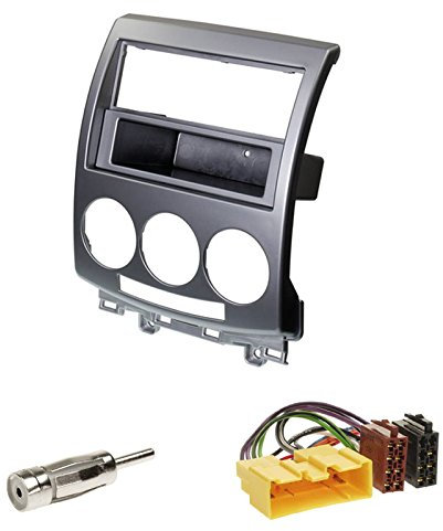 Einbauset : Autoradio Doppel-DIN Blende / 2-DIN Radioblende mit Ablagefach Silber + ISO - Adapter • Antennenadapter ISO -> DIN für Mazda 5 Baujahr 2006-2012