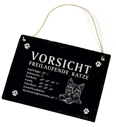 Katzen Schild Schiefertafel graviert - Vorsicht Freilaufende Katze - Türschild Warnschild 22x16cm | Dekolando