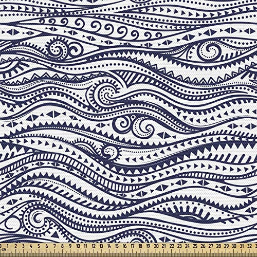ABAKUHAUS Stammes Gewebe als Meterware, Vintage Ethnische Linien, Schön Gewebten Stoff für Polster und Wohnaccessoires, 1M (148x100cm), Dunkelblau Weiß