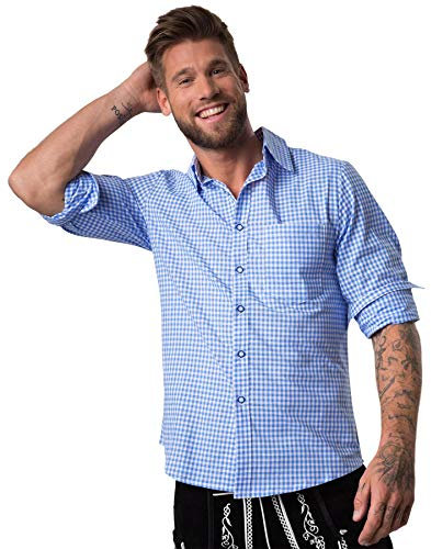 dressforfun Trachtenhemd Herren, Hemd Herren weiß blau kariert, Hemd Kurzarm mit Knopfleiste & Brusttasche, Herrenhemd, Trachtenshirt, Oktoberfest-Kleidung - (L | Nr. 303012)