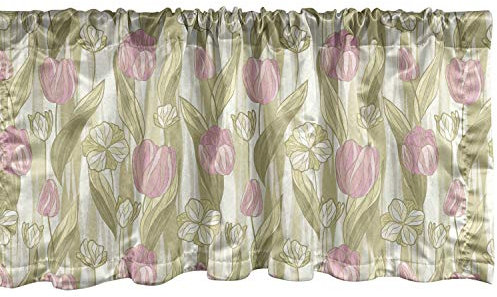 Lunarable Tulpen-Fenstervolant, weiche Pastelltöne, Frühlings-Look, rhythmischer Druck, Vorhangvolant für Küche, Schlafzimmer, Dekoration mit Stangentasche, 137,2 x 30,5 cm, Blush Olive