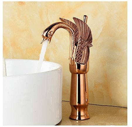 GLYYR Kreativ Schwan Waschbecken Wasserhahn Messing- Deck Montiert Einzelnes Loch Einzelgriff Kalt Und Heiß Waschbecken Wasserhahn Für Badezimmer,Rosegoldhigh