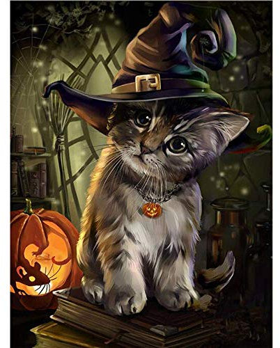 ABEUTY 5D Diamond Painting DIY Full Drill Strasssteine, Niedliche Katze mit Halloween Hut Kürbis Maus Lampe Tier, Farbe mit Diamanten Kristall Diamant Kunst Kits (Kürbis)