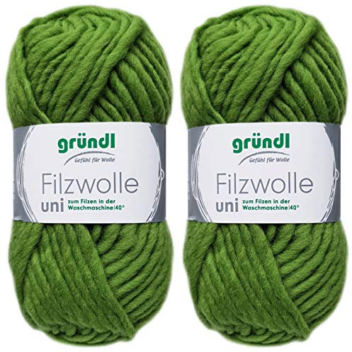 2x50 Gramm Gründl Filzwolle inkl. Anleitung für Topflappen (Uni Farben, 04 Schliffgrün)
