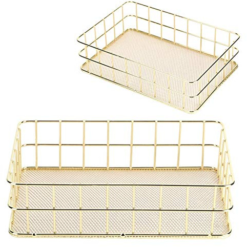 Golden Storage Basket Iron Wire Mesh Grid Storage Basket Hollow Out Storage Organizer Desk Storage Basket for Home Office Bathroom (Large)