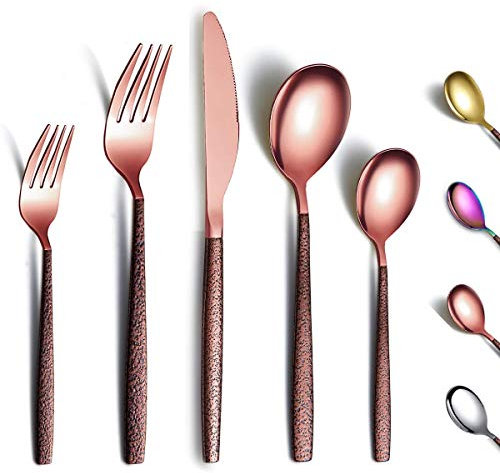 Berglander Besteck Set 30 Stück mit Mondoberfläche Griff und glänzendem Roségold Mund Titanbeschichtung, Edelstahl Kupfer Modernes Besteck Set Utensilien Set Service für 6