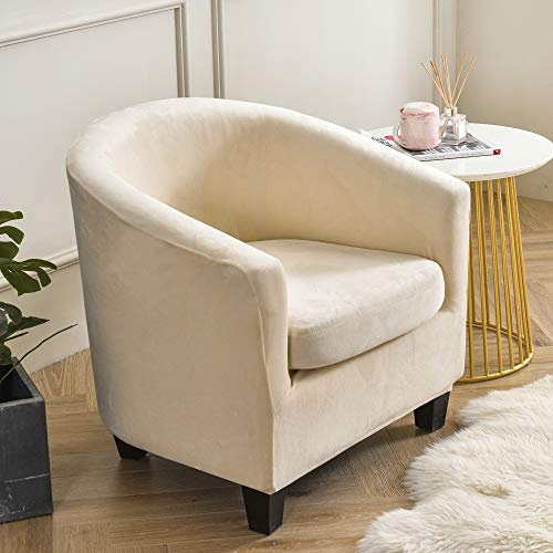 Highdi Sesselschoner 2 Teilige Samt Plüsch Sesselbezug, Stretch Tub Chair Sesselhussen mit Armlehne, Club Sesselüberwurf für Clubsessel Loungesessel Cocktailsessel (Beige)