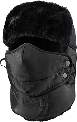 Ikruidy Pilotmössa, svart pälsmössa vattentät unisex vintermössa med öronlappar med halsvärmare och avtagbar mask för skidåkning, skridskoåkning, klättring ytterligare utomhusaktiviteter, svart, En