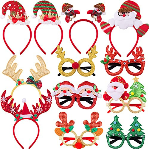 SIQUK 6 Stück Weihnachten Haarreif und 6 Stück Weihnachten Brillen Lustiges Rentier Kostüm Stirnband Weihnachtsbaum Gläser Gastgeschenke und Dekoration für Weihnachten
