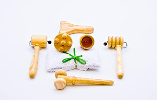 COVERBAGBCN - Set di 6 pezzi, in legno maderoterapia per il viso, coppetta svedese, rullo sferico, rullo scanalato, tagliere scanalato, modello Y, Champiñón facciale e panno di camoscio