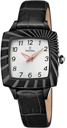 Festina Damen Uhr Analog Leder Schwarz - Quarzwerk - Mineralglas hochresistent - 5 ATM wasserdicht - Elegant, klassisch & Vintage - Special Prices F16651/A