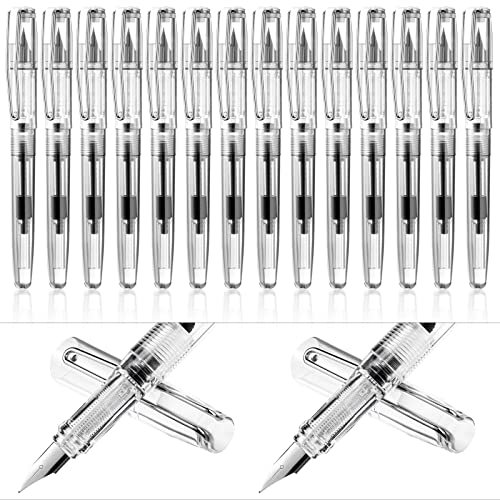 16 Pieces Office Supplies Refillable Fountain Pens Fine Nib Signature Fountain Pen Piston Filling Refillable Pen for Calligraphy Painting, Drawing, School, Scrapbook and Sketch (Clear Color)