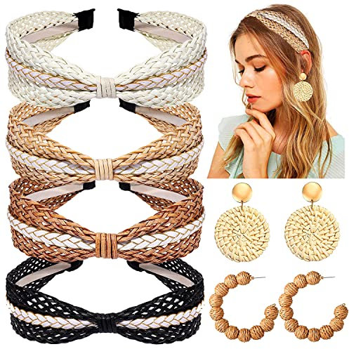 6Pack Straw Headbands Rattan Earrings for Women, Boho Raffia Straw Knotted Hairband, Wide Woven Twist Hair Hoop, Summer Beach Headwear Hair Accessory