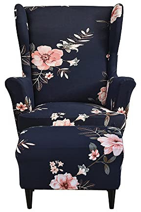 Highdi 2 Teilig Ohrensessel Überzug Mit Ottomane Schonbezug, Sessel-Überwürfe Ohrensessel Schonbezüge Bezug Sesselhusse Stretch Tiger Stuhlbezug mit Armlehne Hohe Rückenlehne (Duftende Blume blau)
