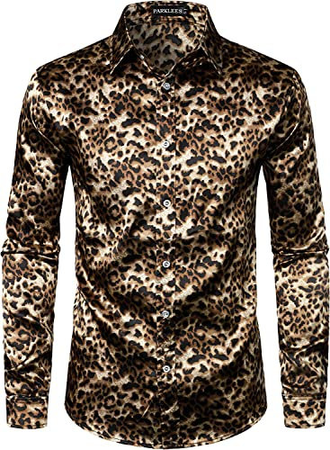 PARKLEES Men's Hipster Leopard Printed Silk Like Satin Button Up Dress Shirt for Party Prom Brown XXL