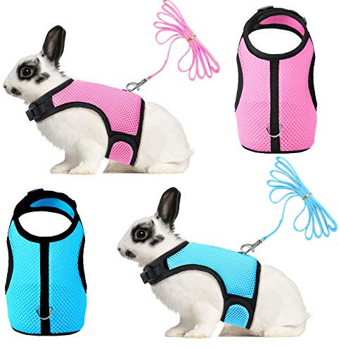 YATEICBC 2 Stücke Hase Kaninchen Geschirr mit Leine Niedliche Verstellbare Schnalle Atmungsaktive Mesh Weste für Kätzchen Hündchen Klein Haustiere Gehen (Blau, Rosa, L)