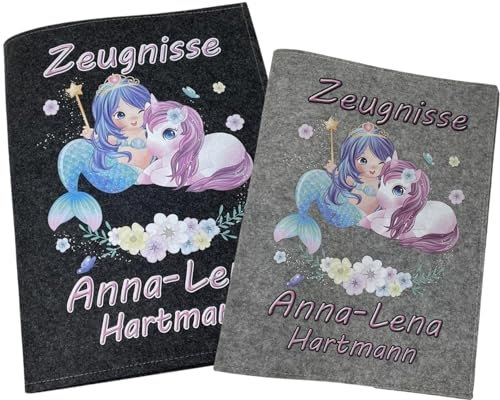 Zeugnismappe mit Namen - Mädchen und Jungen - Personalisiert Filz A4 Meerjungfrau und Einhorn - Dokumenten Urkunden Mappe Kinder - Hefter Zeugnisse - Sichtbuch